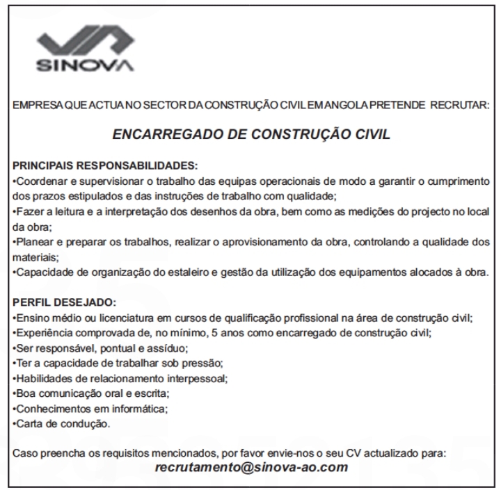 VAGA PARA ENCARREGADO DE CONSTRUÇAO CIVIL 