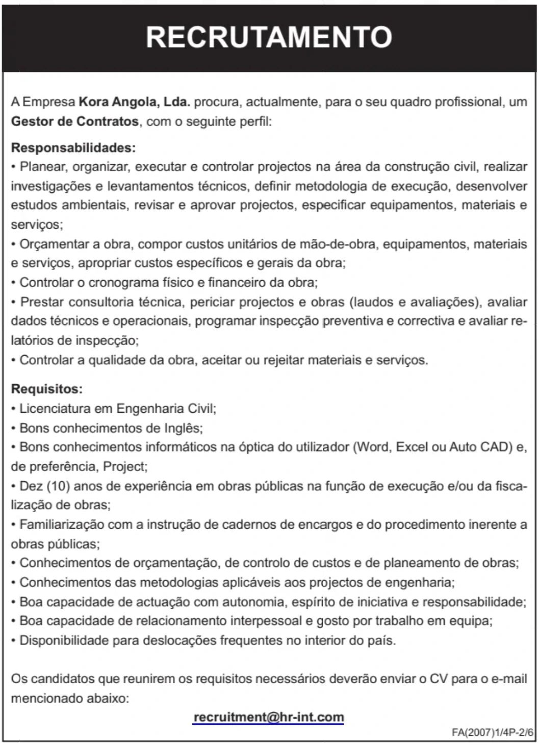 Vaga para Gestor de Contratos