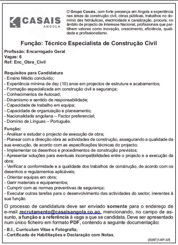 SEIS(6) VAGAS DISPONÍVEIS PARA TÉCNICOS ESPECIALISTAS DE CONSTRUÇÃO CIVIL