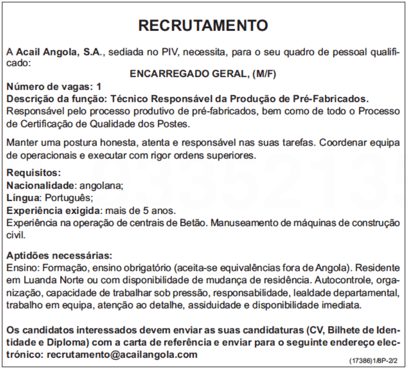 UMA (1) VAGA DISPONÍVEL PARA ENCARREGADO GERAL (M/F) 