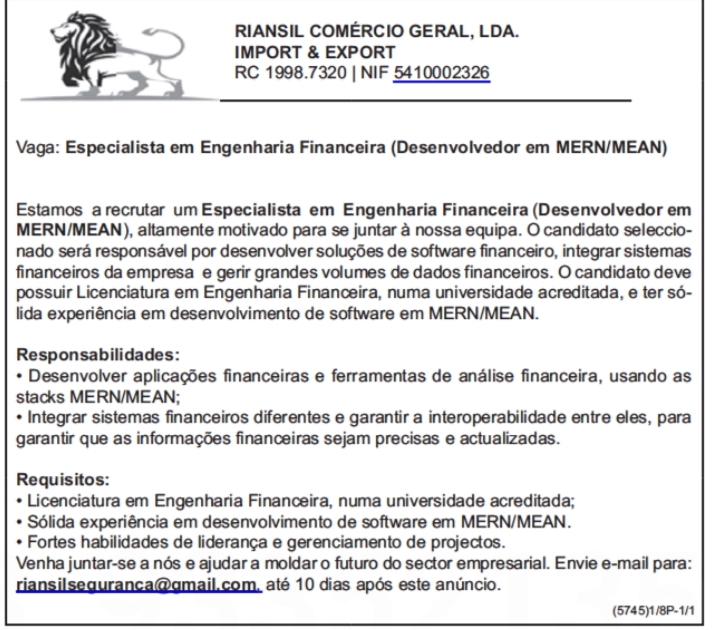 Vaga para Especialista em Engenharia Financeira (Desenvolvedor em MERN/MEAN) 