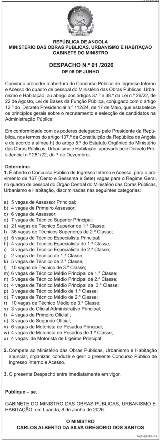 Concurso Público — 167 Vagas no Ministério das Obras Públicas, Urbanismo e Habitação