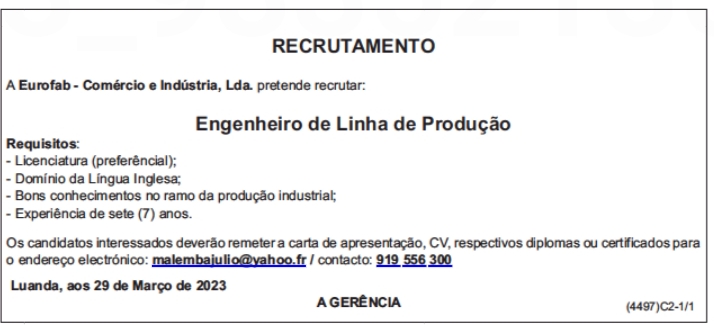 Vaga para Engenheiro de Linha de Produção 