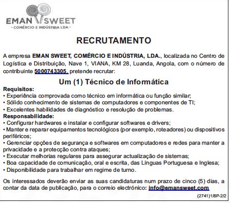 VAGA PARA UM (1) TÉCNICO DE INFORMÁTICA