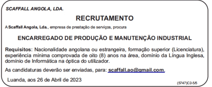 VAGA PARA ENCARREGADO DE PRODUÇÃO E MANUTENÇAO INDUSTRIAL 