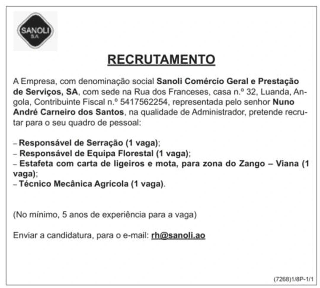 Quatro (4) vagas disponíveis na empresa Sanoli Comércio Geral e Prestação de Serviços, SA