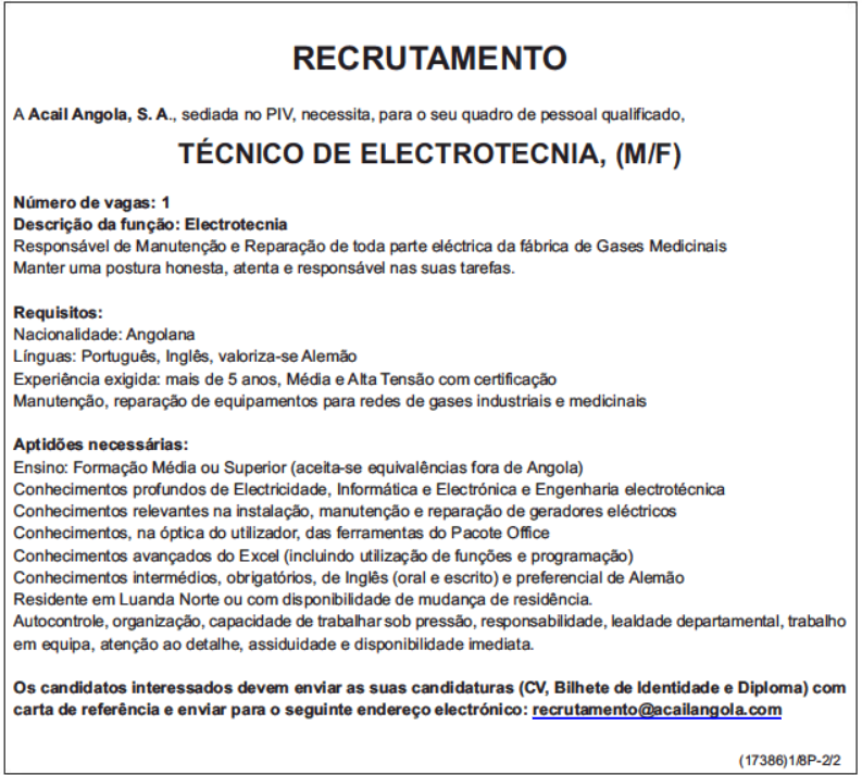 VAGA PARA UM (1) TÉCNICO DE ELECTROTECNIA, (M/F) 