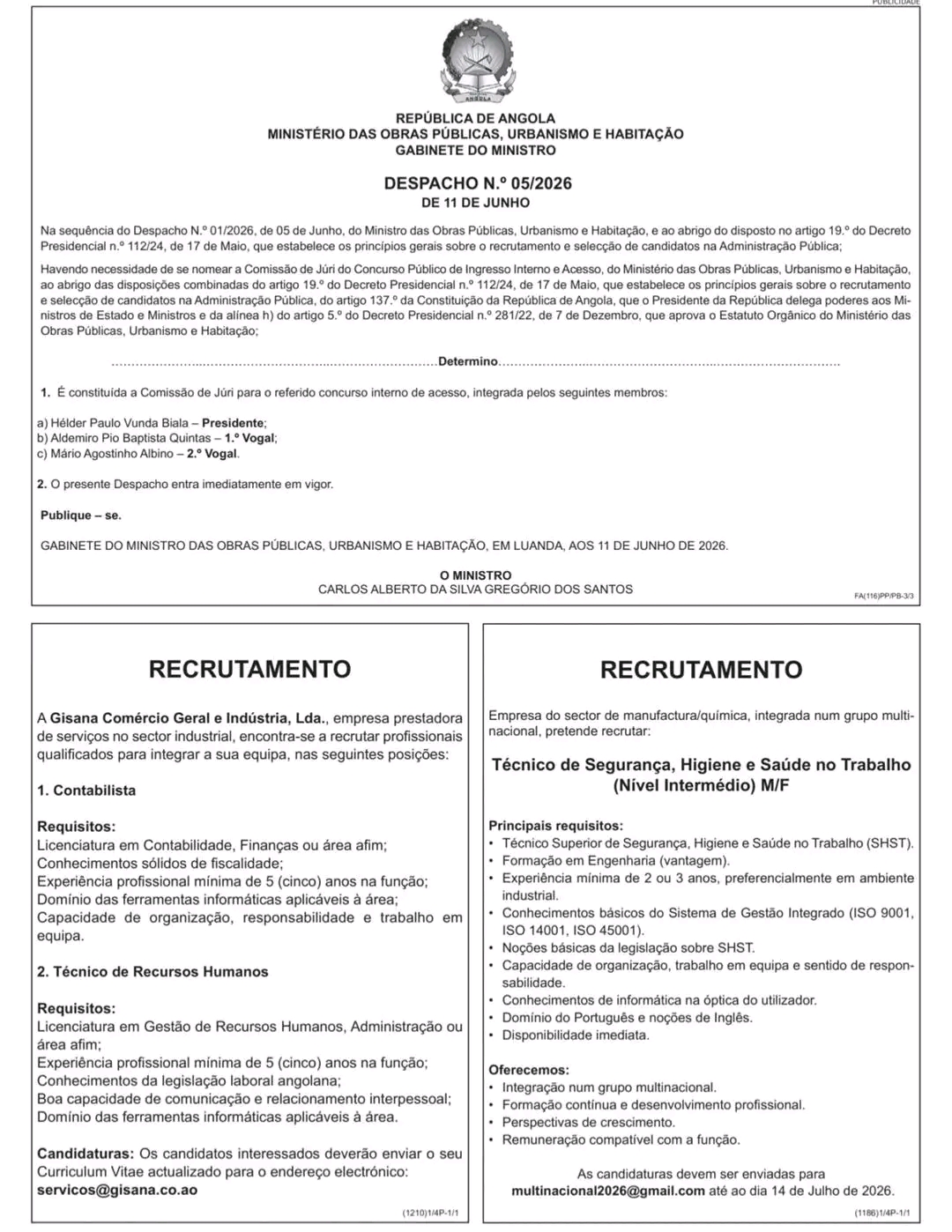 Vaga para Contabilista e Técnico de Recursos Humanos