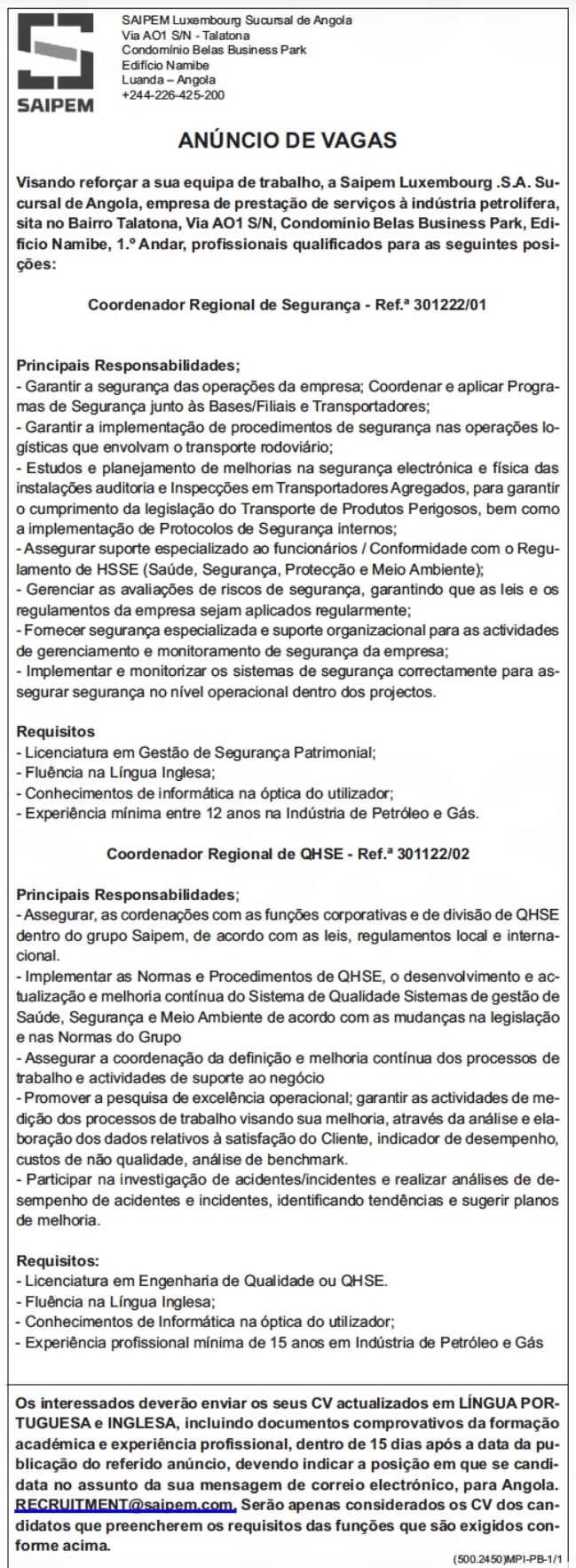  DUAS (2) VAGAS DISPONÍVEIS NA SAIPEM LUXEMBOURG- S.A