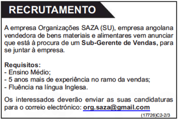 VAGA PARA UM (1) SUB- GERENTE DE VENDAS 