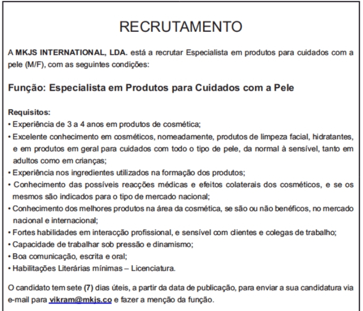 Precisa-se de Especialista em produtos para cuidados com a pele (M/F)