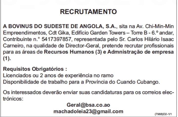 Recrutamento para as áreas de Recursos Humanos & Admnistração de empresa 