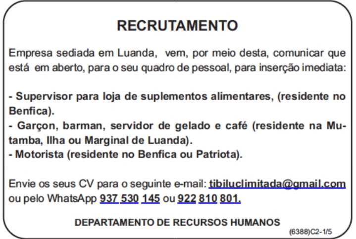 OPORTUNIDADE DE EMPREGO EM UMA EMPRESA NACIONAL (LUANDA)