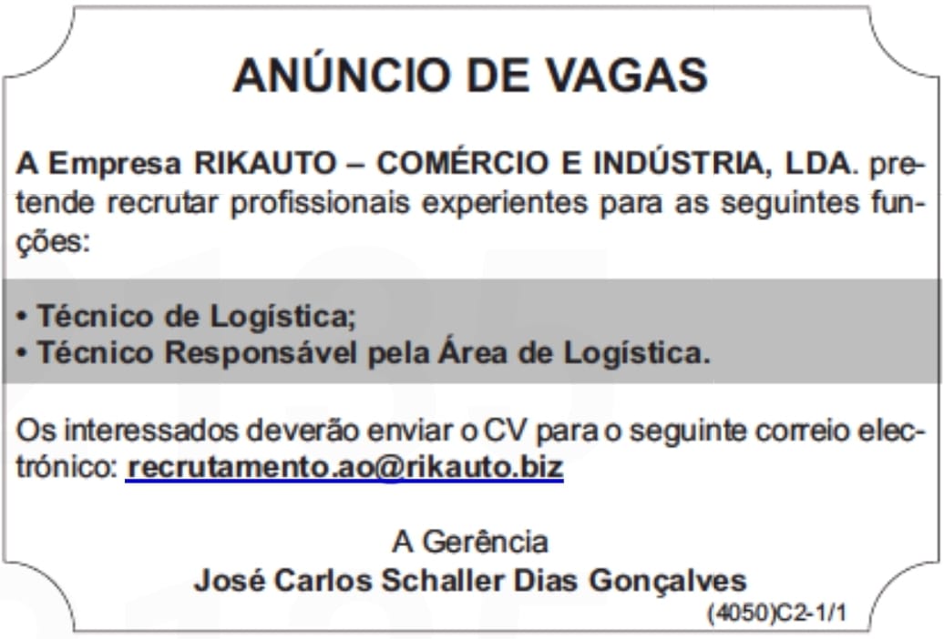 Vaga para Técnico de Logística & Técnico Responsável pela Área de Logística