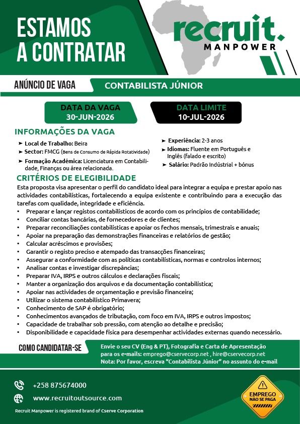 Vaga para Contabilista Júnior