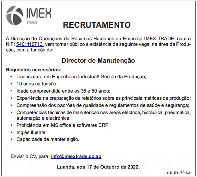 Vaga para Director de Manutenção