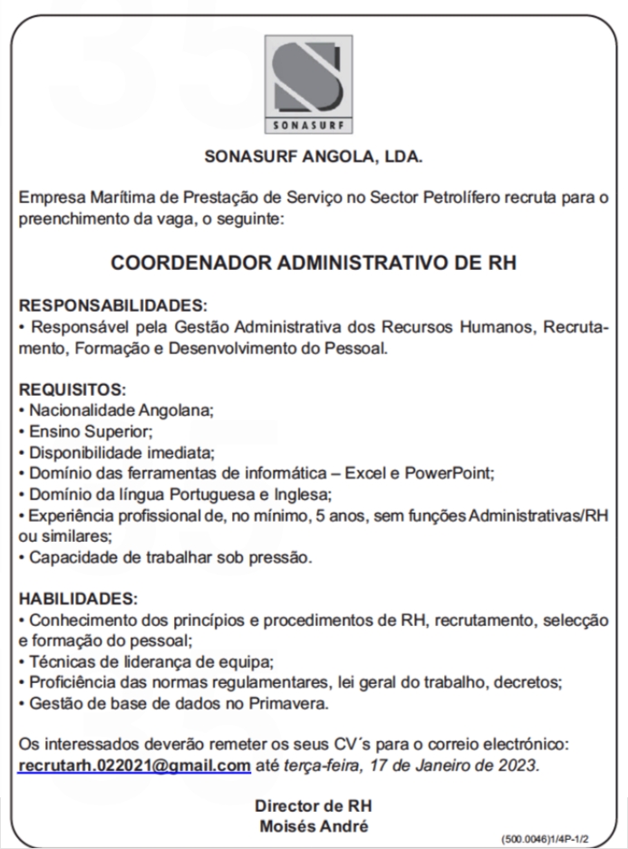 VAGA PARA COORDENADOR ADMINISTRATIVO DE RH