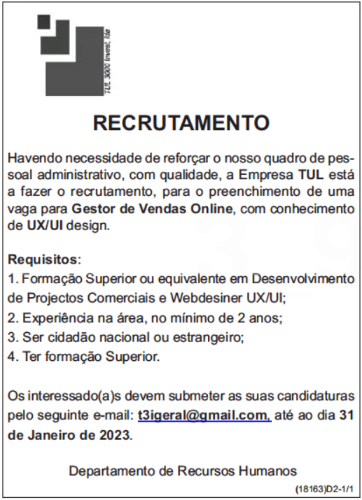 UMA (1) VAGA PARA GESTOR DE VENDAS ONLINE