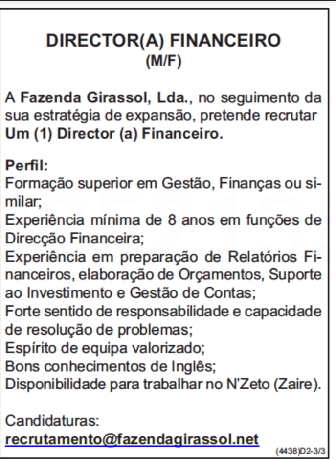 VAGA PARA DIRECTOR(A) FINANCEIRO (M/F)