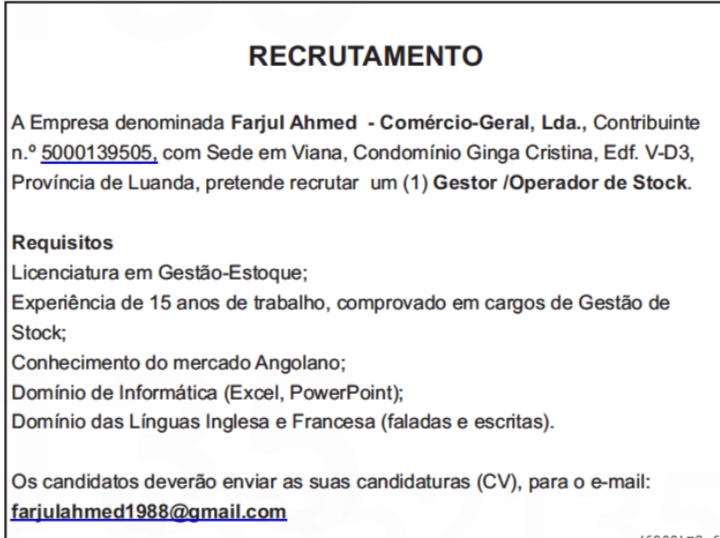 Vaga para um (1) Gestor /Operador de Stock