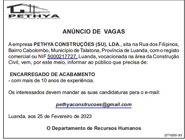 VAGA PARA ENCARREGADO DE ACABAMENTO 