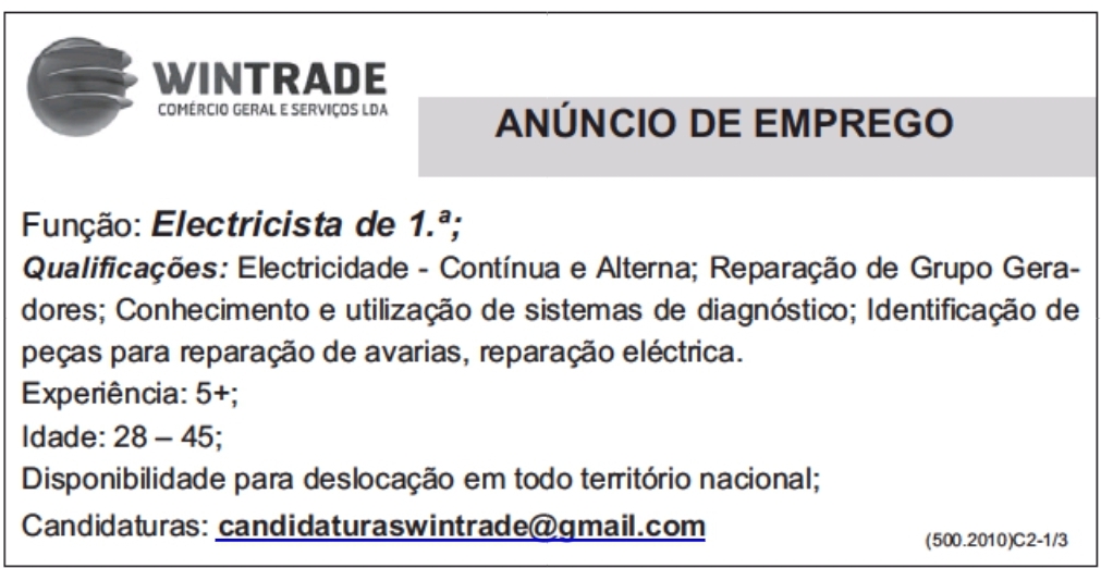 VAGA PARA ELECTRICISTA DE PRIMEIRA