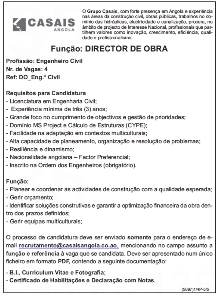 QUATRO(4) VAGA DISPONÍVEL PARA ENGENHEIRO CIVIL