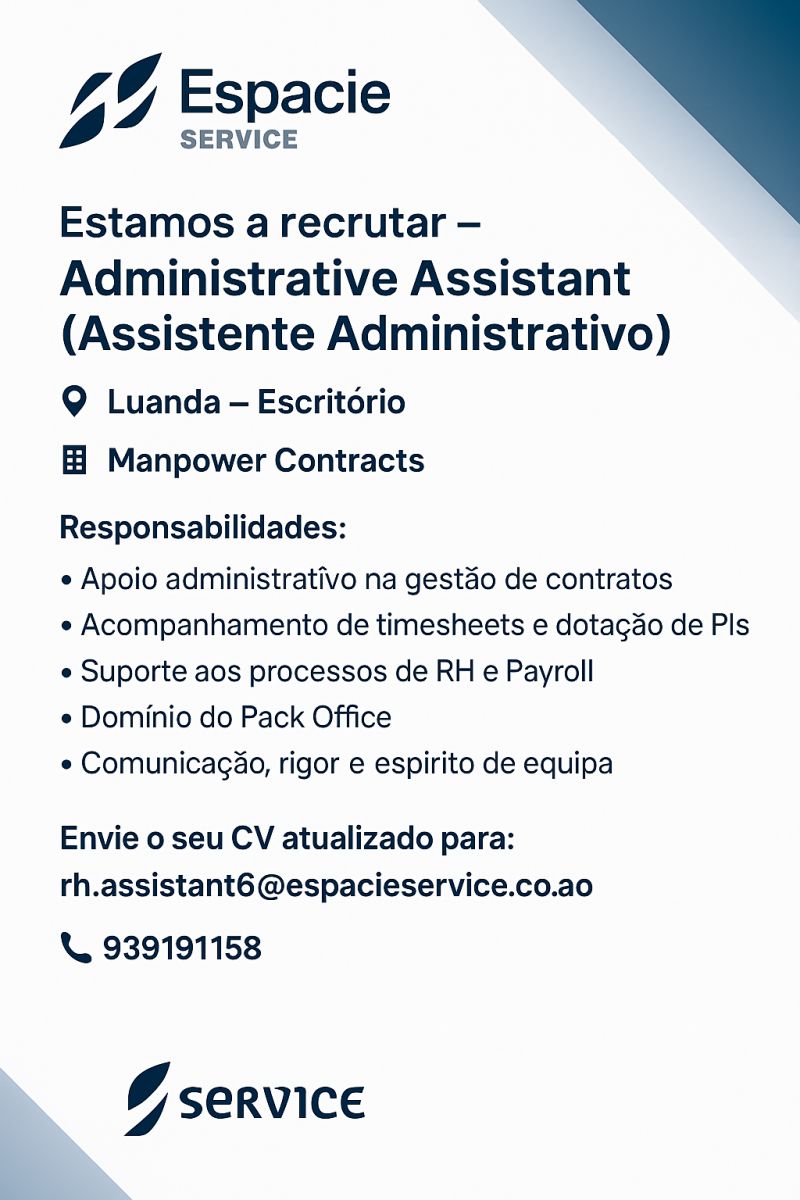 Vaga para Administrative Assistant (Assistente Administrativo)