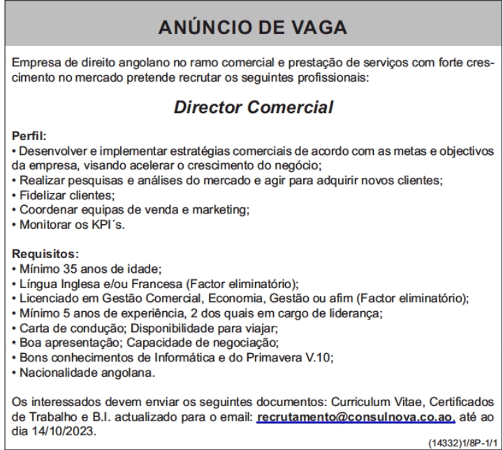 Vaga para Director Comercial 