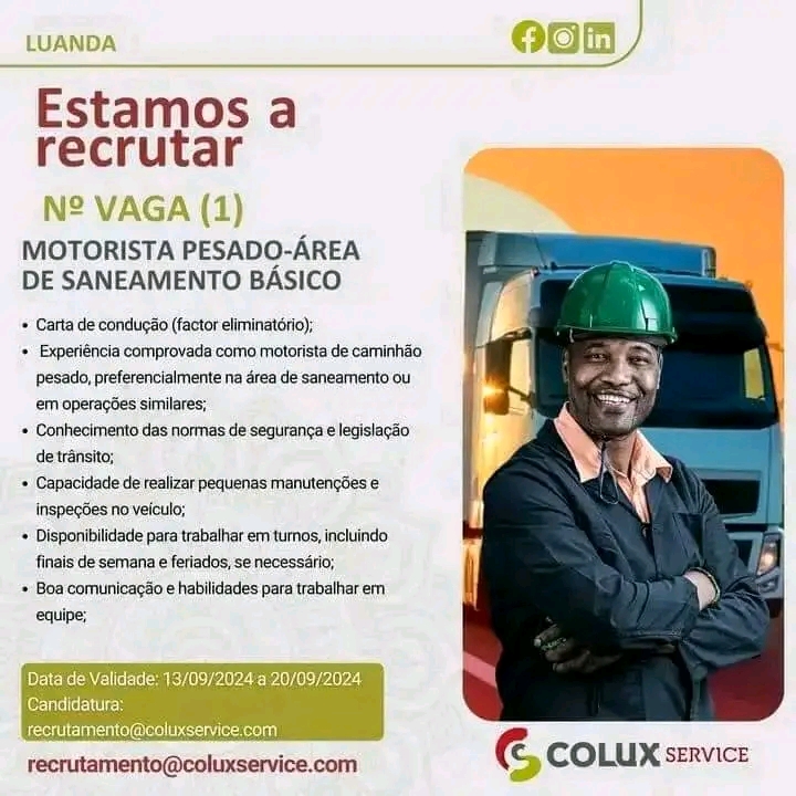 VAGA DE EMPREGO PARA MOTORISTA PESADO-ÁREA DE SANEAMENTO BÁSICO