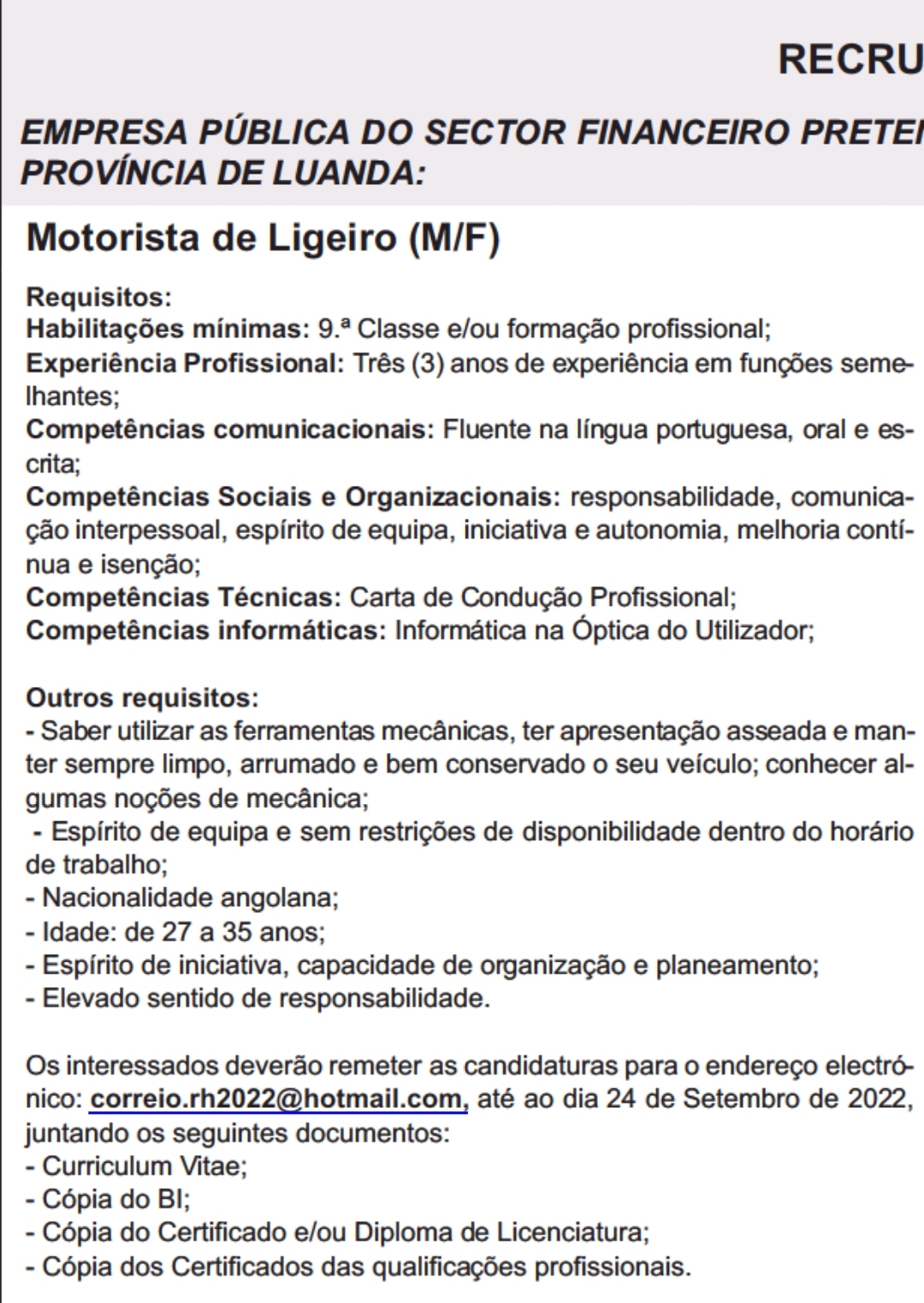 Vaga para Motoristas de Ligeiros em Empresa Pública