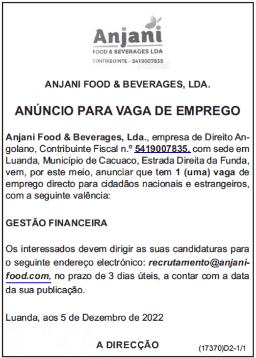 UMA (1) VAGA NA ÁREA  DE GESTÃO FINANCEIRA 