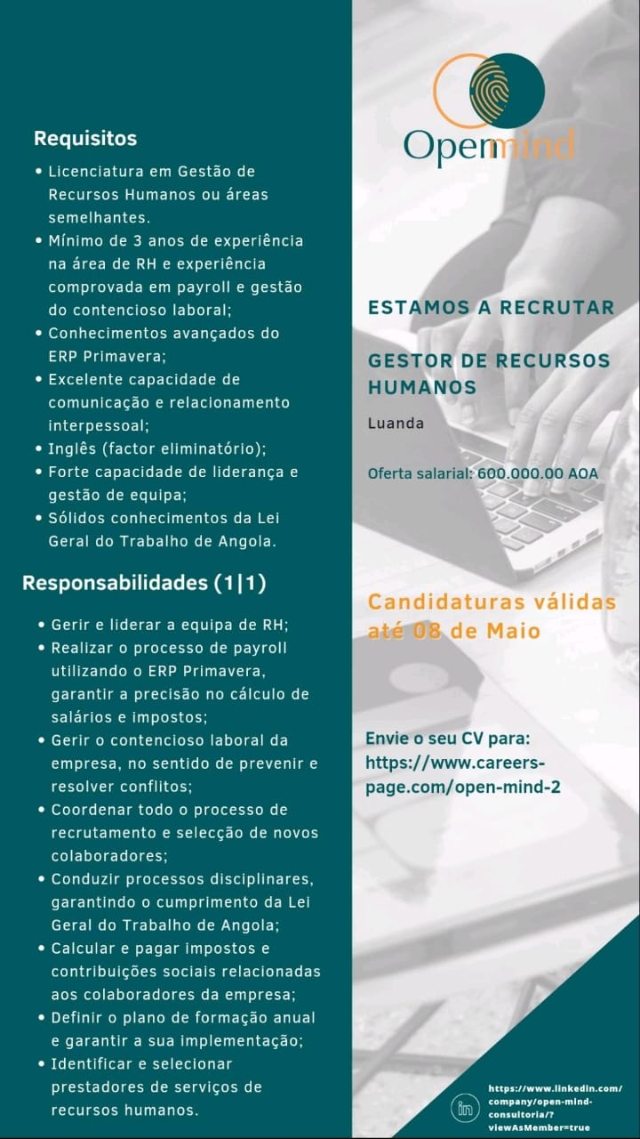 VAGA PARA GESTOR DE RECURSOS HUMANOS 