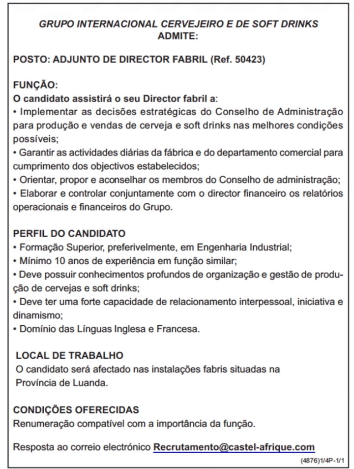 VAGA PARA ADJUNTO DE DIRECTOR FABRIL 