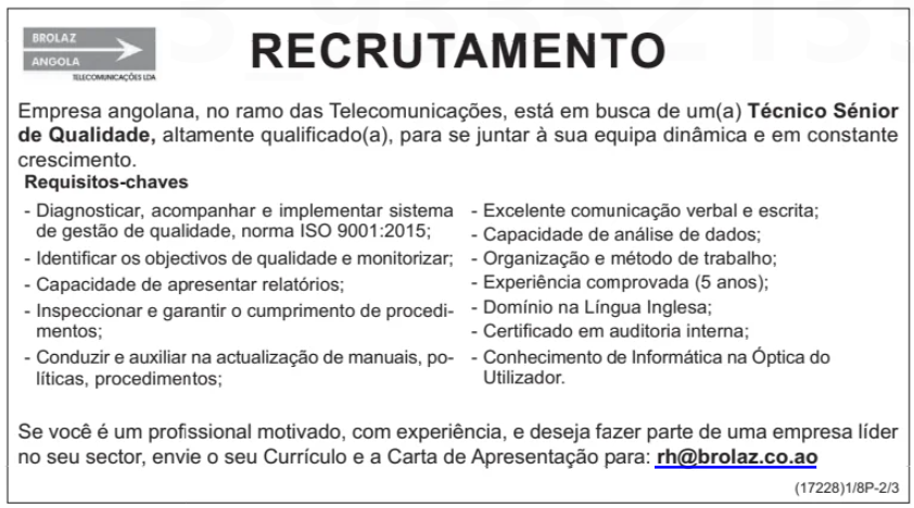 Vaga para Técnico Sénior de Qualidade