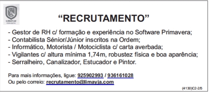 RECRUTAMENTO EM DIVERSAS ÁREAS NA LIMAYJA SEGURITY 