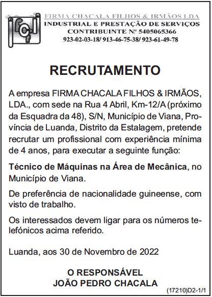 Vaga Para Um(1) Técnico de Máquinas na Área de Mecânica 