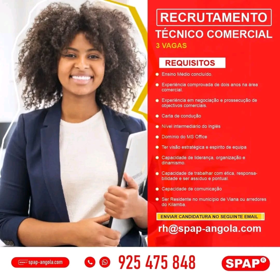 TRÊS (3) VAGAS DISPONÍVEIS PARA TÉCNICO COMERCIAL
