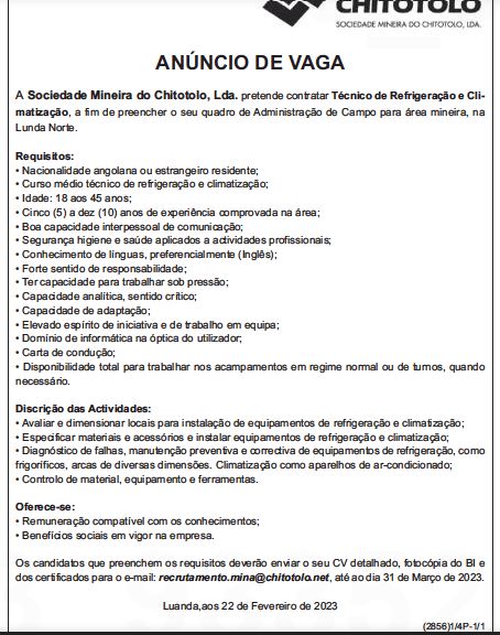 Vaga para Técnico de Refrigeração e Climatização