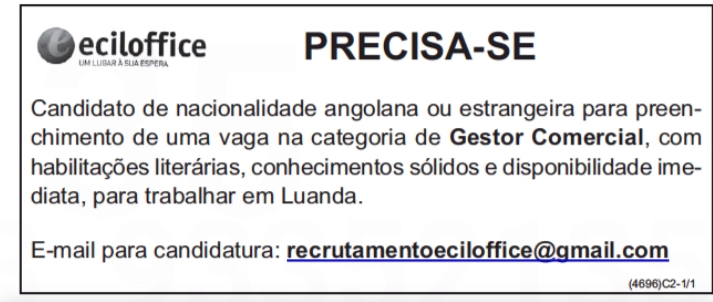 Vaga para um(1) Gestor Comercial