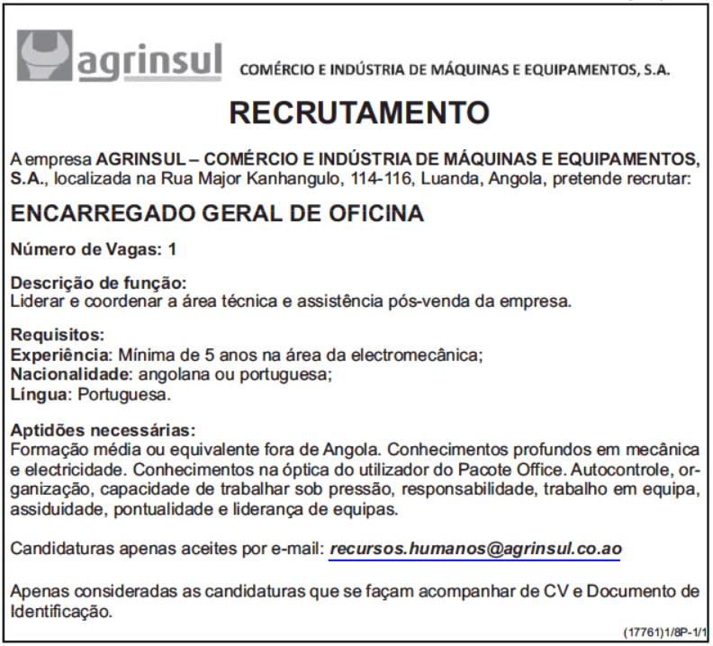 UMA (1) VAGA DISPONÍVEL PARA ENCARREGADO GERAL DE OFICINA 