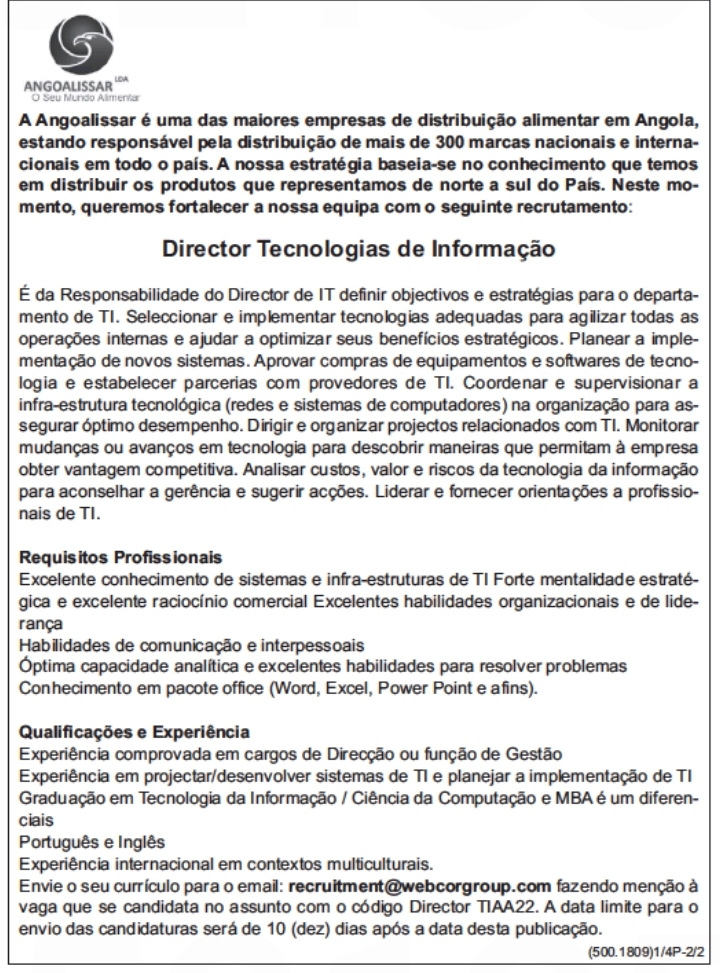 VAGA PARA DIRECTOR DE TECNOLOGIAS DE INFORMAÇÃO