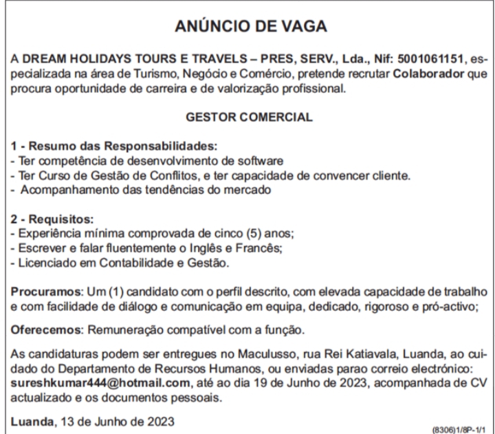 VAGA PARA GESTOR COMERCIAL