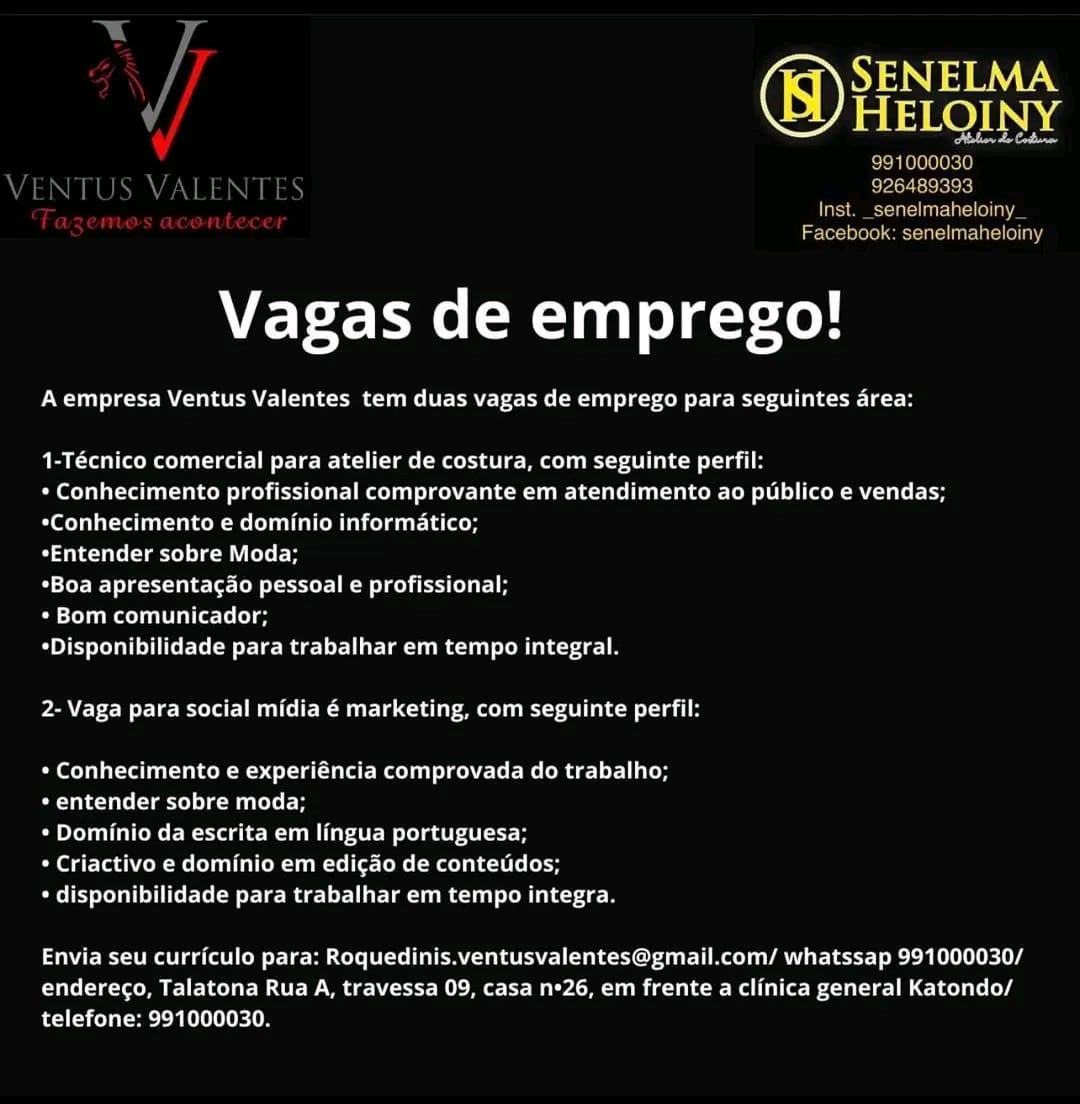 DUAS(2) VAGAS ABERTAS NA EMPRESA VENTUS VALENTES 