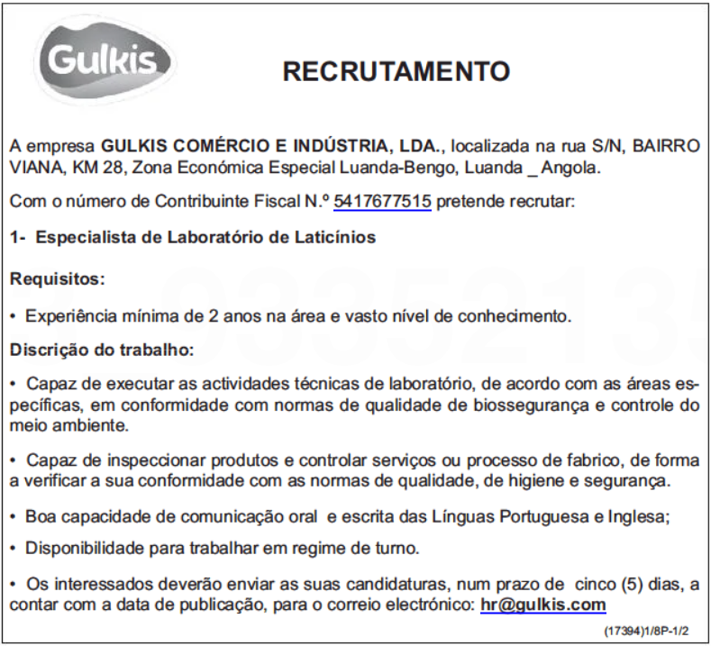 VAGA PARA UM (1) ESPECIALISTA DE LABORATÓRIO DE LACTICÍNIOS 
