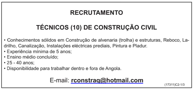 10 VAGAS PARA TÉCNICOS DE CONSTRUÇÃO CIVIL (ENSINO MÉDIO)