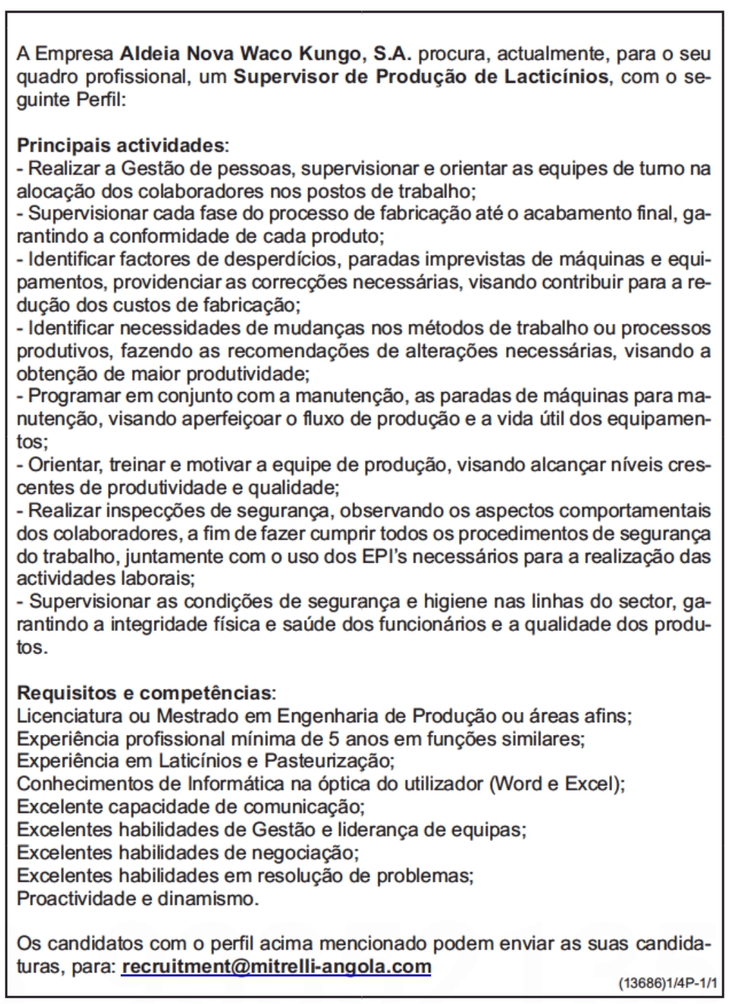 Vaga para Supervisor de Produção de Lacticínios