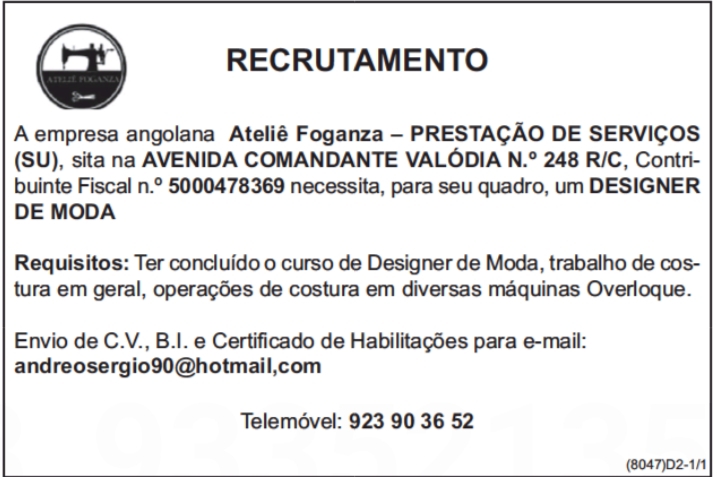 VAGA PARA UM(1) DESIGNER DE MODA