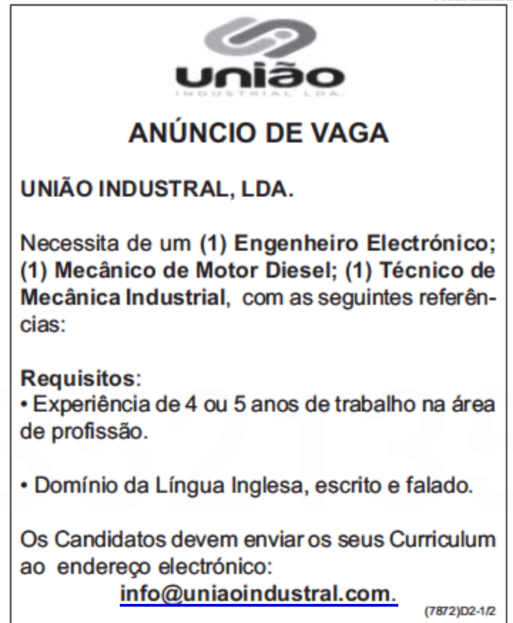 Vagas disponiveis para Engenheiro Electrónico, Mecânico de Motor Diesel & Técnico de Mecânica Industrial