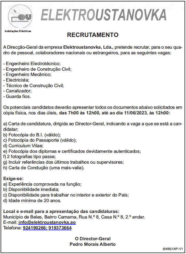 Sete (7) Vagas Disponíveis na Empresa Elektroustanovka, Lda
